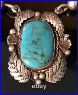 Vintage Navajo Sterling Silver & Turquoise Squash Blossom Necklace 24 Signed EW