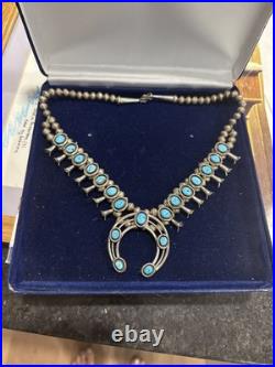 Vintage Navajo Sterling Silver Turquoise Squash Blossom Necklace Native American