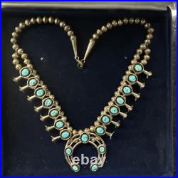 Vintage Navajo Sterling Silver Turquoise Squash Blossom Necklace Native American