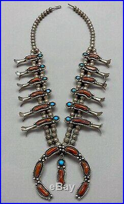Vintage Navajo Sterling Silver Turquoise and Coral Squash Blossom Necklace MINT