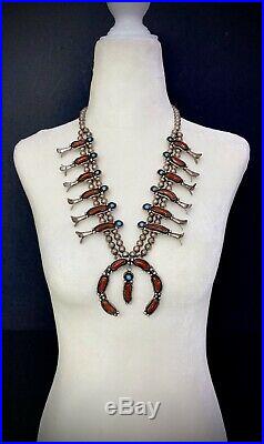 Vintage Navajo Sterling Silver Turquoise and Coral Squash Blossom Necklace MINT