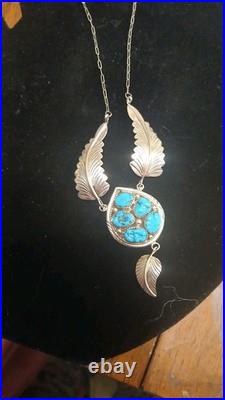 Vintage Navajo Sterling Silver Turquoise bird Feather Necklace 18