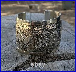 Vintage Navajo Story Teller Cuff Bracelet Sterling Silver Signed Native Jewelry