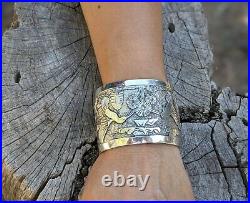 Vintage Navajo Story Teller Cuff Bracelet Sterling Silver Signed Native Jewelry