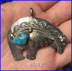 Vintage Navajo Stover Paul Sterling Silver & Turquoise Bear Pendant Signed