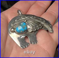 Vintage Navajo Stover Paul Sterling Silver & Turquoise Bear Pendant Signed
