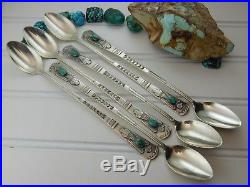Vintage Navajo THUNDERBIRD Turquoise Ice Tea Spoon Set Lot 6 SIGNED with KACHINA