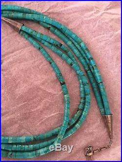 Vintage Navajo Turquoise Heishi Necklace 30.5 Long Sterling Silver Beautiful