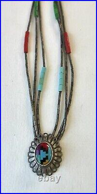 Vintage Navajo Turquoise Multi Stone Triple Strand Heishi Necklace 17.5
