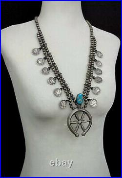 Vintage Navajo Turquoise Sterling Silver Cast Squash Blossom Necklace GORGEOUS