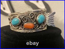 Vintage Navajo Watch Cuff Bracelet Signed Turquoise Coral Silver