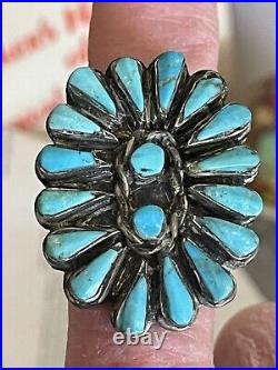 Vintage Navajo Zuni Huge Turquoise Sterling Silver Cluster Ring Size 10