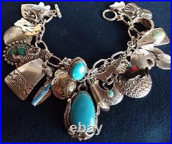 Vintage Navajo Zuni Native American Sterling Silver Turquoise 25 Charm Bracelet