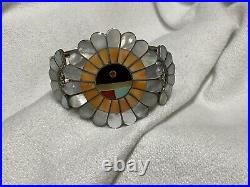 Vintage Navajo Zuni Sterling Silver Turquoise MOP Sun Maiden Cuff Bracelet