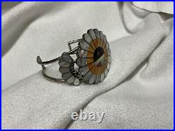 Vintage Navajo Zuni Sterling Silver Turquoise MOP Sun Maiden Cuff Bracelet