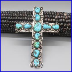 Vintage Navajo-large Sterling Silver And Turquoise Cross Pendant-native American