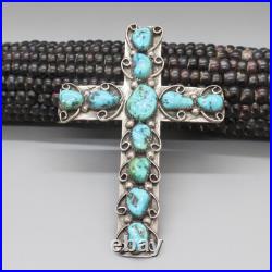 Vintage Navajo-large Sterling Silver And Turquoise Cross Pendant-native American