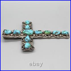 Vintage Navajo-large Sterling Silver And Turquoise Cross Pendant-native American