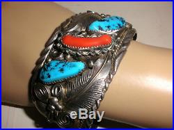 Vintage Navajo large sterling silver turquoise coral men`s bracelet M Thomas jr