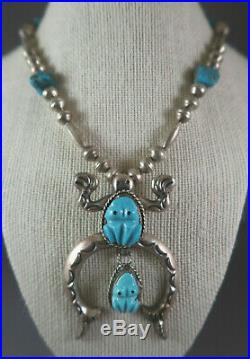 Vintage Navajo or Zuni Signed ML Silver & Turquoise Frog Fetish Necklace