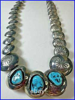 Vintage Necklace Native American Pillow Bead Stamped Flower Disc Turquoise 69 gr
