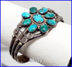 Vintage OLD Native American Sterling Silver Morenci Turquoise Cluster Cuff