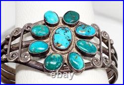 Vintage OLD Native American Sterling Silver Morenci Turquoise Cluster Cuff