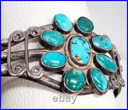 Vintage OLD Native American Sterling Silver Morenci Turquoise Cluster Cuff