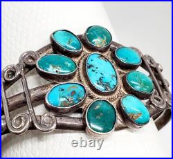 Vintage OLD Native American Sterling Silver Morenci Turquoise Cluster Cuff