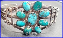 Vintage OLD Native American Sterling Silver Morenci Turquoise Cluster Cuff