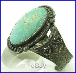 Vintage OLD PAWN Navajo Royston Turquoise Stamped Arrows Sterling Cuff Bracelet