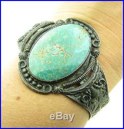 Vintage OLD PAWN Navajo Royston Turquoise Stamped Arrows Sterling Cuff Bracelet