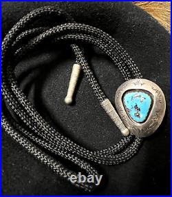 Vintage OLD PAWN TURQUOISE STONE SHADOWBOX bolo TEDDY GOODLUCK sterling Navajo