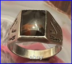 Vintage Old Bell Trading Post Sterling Silver Agate Mens Signet Ring Size 10.5