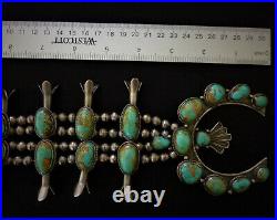 Vintage Old NAVAJO 925 Sterling GEM Quality TURQUOISE Squash Blosson Necklace
