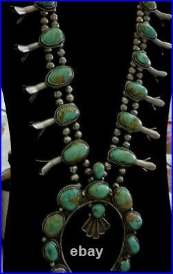 Vintage Old NAVAJO 925 Sterling GEM Quality TURQUOISE Squash Blosson Necklace