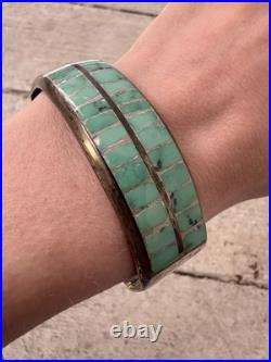 Vintage Old Native American Sterling Inlaid Turquoise Cuff Bracelet