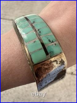 Vintage Old Native American Sterling Inlaid Turquoise Cuff Bracelet