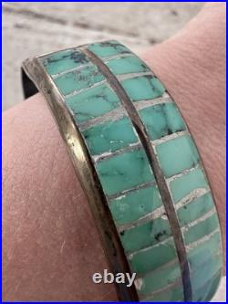 Vintage Old Native American Sterling Inlaid Turquoise Cuff Bracelet