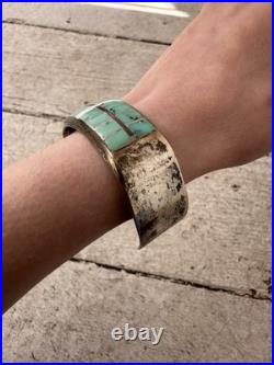 Vintage Old Native American Sterling Inlaid Turquoise Cuff Bracelet