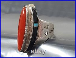 Vintage Old Native American Zuni Sterling Silver Red Coral Inlay Ring size 6