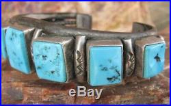 Vintage Old Navajo Pawn Turquoise Square Cut Row Bracelet Sterling Silver Cuff