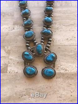 Vintage Old Navajo Signed Squash Blossom Turquoise Sterling Silver Necklace