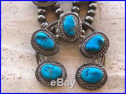 Vintage Old Navajo Signed Squash Blossom Turquoise Sterling Silver Necklace