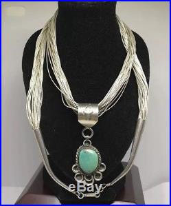 Vintage Old Navajo Sterling Turquoise Slide Pendant Liquid Silver 24 Necklace