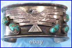 Vintage Old Pawn Hallmarked Big Thunderbird Eagle Turquoise Cuff Navajo Bracelet