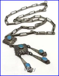 Vintage Old Pawn Native Turquoise Sterling Handmade Ornate Pendant & Necklace