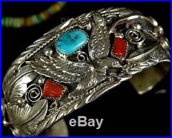 Vintage Old Pawn Navajo Allen Chee Turquoise Coral EAGLE Sterling Bracelet