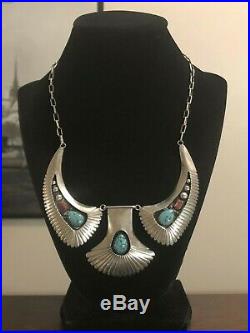 Vintage Old Pawn Navajo CS Sterling Silver Turquoise & Coral Panel Necklace 925