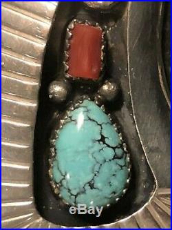 Vintage Old Pawn Navajo CS Sterling Silver Turquoise & Coral Panel Necklace 925